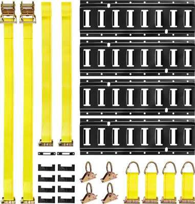 Produktbild von SucceBuy E-Track-Zurrschienen-Set, 4er-Pack, 0,4 m, 21-teiliges Zubehör, inklusive 2 Ratschengurte, 4 O-Ringe, 4 Zurrgurte mit D-Ring, 2 Einzelschlitze, 8 Endkappen und 1 Tasche, ideal für Garagen, Fahrzeuge und Anhänger