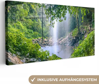 Produktbild von MuchoWow® - Leinwandbilder - Dschungel - Regenwald - Wasser - Wasserfall - Pflanzen, Wandbild, Wanddeko Bilder Wohnzimmer, 40x20 cm