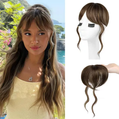 Produktbild von Clip-in Ponyfransen 30 cm Französischer Pony mit Schläfenpartie Dunkelbraun mit Dunkelblond Kunsthaar