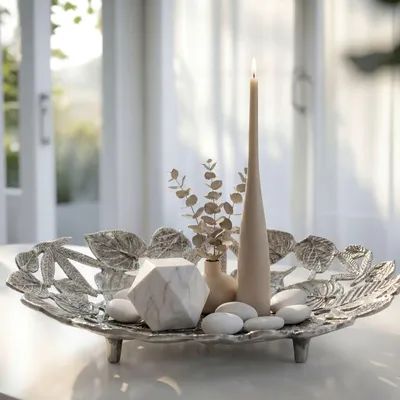 Obrázok produktu pre FineBuy, dekoratívna oválna misa, strieborná, kovová, 49 cm. Kovová misa s podstavcom z hliníka, s motívom listov. Elegantná hliníková misa, ovocná misa, ručne vyrobená