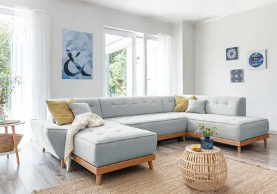 Image de MIUFORM Dazzling Daisy - Canapé d'angle avec fonction lit et coffre de lit U-FORM DROITE - 330x190cm - Gris clair - Canapé-lit Canapé