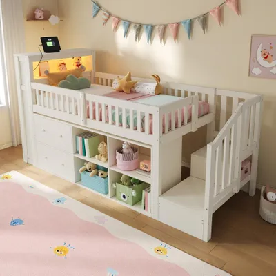 Produktbild von Kinder-Mittelhochbett Weiß, Jugendbett mit LED, Schubladen, Stauraumfächern und Leiterschrank, ohne Matratze, Liegefläche 90 x 200 cm, Weiß