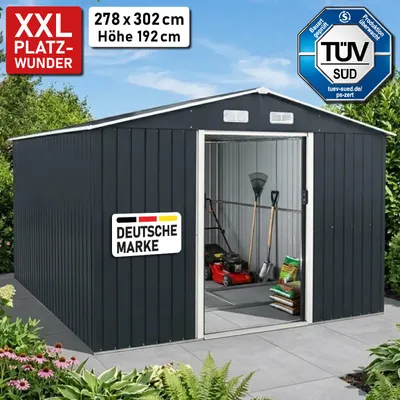 Produktbild von BRAST Gerätehaus Geräteschuppen Metall | 278x302x192 | Satteldach | Gartenhaus mit Doppelschiebetür | Anthrazit | wetterfest wasserdicht