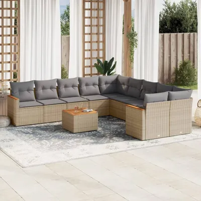 Produktbild von Design 11-tlg. Garten-Sofagarnitur mit Kissen Beige Poly Rattan, Gartenmöbel-Sets 2024 Neu