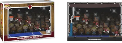 A Funko Pop! display box featuring Michael Jordan in a 1987 Dunk Contest scene, with multiple figures and a basketball court backdrop.