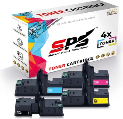 A product box for toner cartridges with several toner cartridges displayed in front of it.