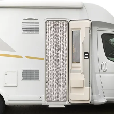 Produktbild von Moritz Flauschvorhang aus Chenille 56 x 185 cm taupe weiß gesteift Türvorhang als Fliegenschutz Insektenschutz für Camping Wohnwagen