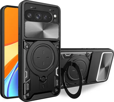 Produktbild von Handyhülle für Google Pixel 9 Pro XL Dual-Layer Stoßfest Rüstung Hülle mit Dia Kameraschutz und Kreisförmig Ring Ständer Schwarz