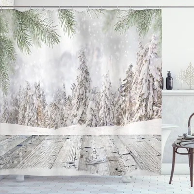 Produktbild von ABAKUHAUS Winter Duschvorhang, Abstraktes Weihnachtsthema mit Schnee bedeckte Wald und hölzernes Oberflächenbild, 175 x 180 cm, Beige Grün Weiß