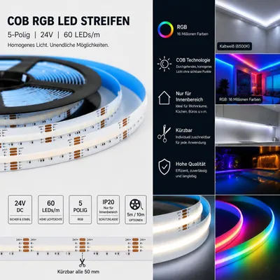 Produktbild von 5m 24V LED Strip COB RGB – Farbwechsel 12 mm breit, für Innenbereiche ohne Zubehör ohne Zubehör