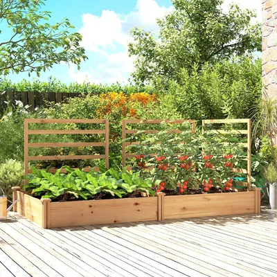 Produktbild von Hochbeet mit Rankgitter Holz, Blumenkasten Kletterspalier, Tannenholz wetterfest, Naturholz | 240 x 125 x 102 cm | 3 Spaliere | 2 Pflanzkästen