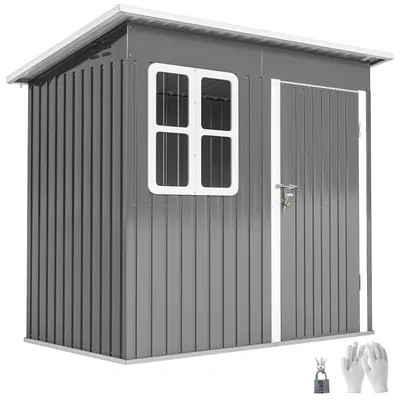 Image de Abri de jardin, 221 x 133 x 190 cm, avec fenêtre, porte verrouillable, en acier, idéal pour le jardin, la terrasse, le stockage, robuste, résistant aux intempéries, de couleur grise