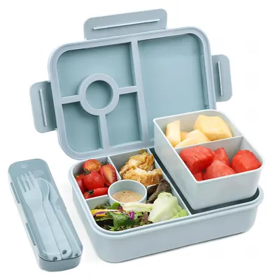 Produktbild von Lunchbox für Kinder mit Fächern, 1300 ml, auslaufsicher, Bento-Box mit Besteckset, Lunchbox für Erwachsene, Snack-/Frühstücksbox für Mädchen und Jungen, blau