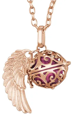Produktbild von Morella Damen Halskette roségold Edelstahl 70 cm mit roségoldenem Anhänger Engelsflügel und Klangkugel rosa Ø 16 mm in Schmuckbeutel