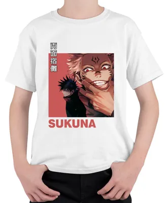 Imagen del producto de Camiseta uni para niños, diseño de Jujutsu Kaisen, con la imagen de Sukuna (Ryomen Sukuna), estilo anime, con motivos de maldiciones y el personaje como villano. Color blanco, talla 116