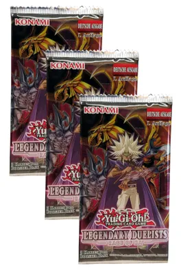 Three Yu-Gi-Oh! Legendary Duelists trading card game booster packs are stacked and displayed against a white background.
