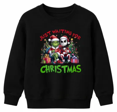 Immagine prodotto di Just Waiting For Christmas Grinch Jack Skellington Santa lustig Unisex Kinder Felpa Pullover, Schwarz, 104
