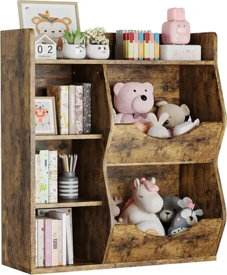 Zdjęcie produktu dla Półka na książki dla dzieci - regał na zabawki i książki - 3-poziomowa z 5 przegródkami - 81 x 30 x 92 cm - drewno - styl retro - kolor brązowy