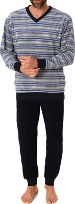 Produktbild von Herren Frottee Schlafanzug, Pyjama mit Bündchen in Streifenoptik - 65319 ; grau , 54