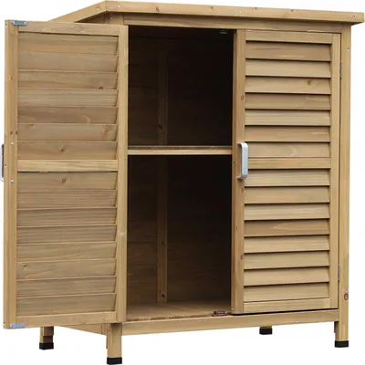 Produktbild von Outsunny Holz Gartenschrank Gerätehaus Gartenhaus Geräteschuppen Geräteschrank Holzhütte Pultdach Bitumenpappe Fensterladen Natur 87 x 46,5 x 96,5 cm