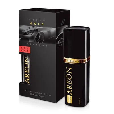 A black bottle of Areon Gold perfume for cars and its packaging are displayed against a white background.