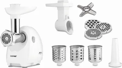 A white Zelmer meat grinder with various attachments is displayed against a white background.