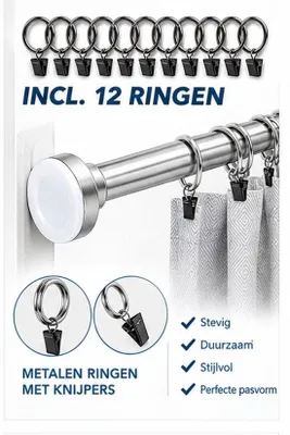 Imagen del producto de Unyqoos® Barra para cortinas ajustable sin necesidad de taladrar, de 70 a 120 cm, acero inoxidable, diámetro 2,5 cm, incluye 12 anillas metálicas, color plateado, capacidad de carga de 30 kg