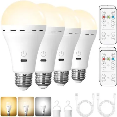 Image de Lot de 4 ampoules LED E27 - Batterie rechargeable avec télécommande - Intensité réglable avec fonction minuterie, 3 températures de couleur - Éclairage de secours pour l'intérieur et l'extérieur
