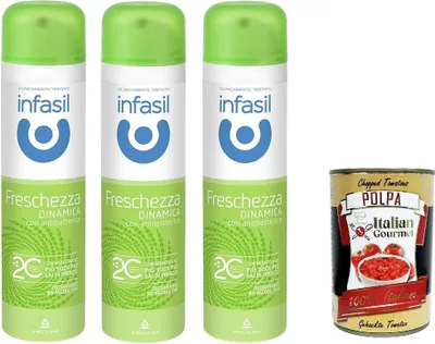 Produktbild von Infasil Deospray für dynamische Frische mit Molekül 2C, ohne Alkohol, wirksam bis zu 24 Stunden, 3x 150 ml + Italian Gourmet polpa 400g