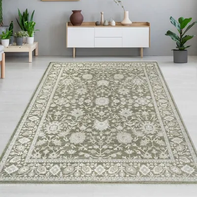 Immagine prodotto di Tappeto di design verde e beige, stile vintage floreale moderno ed elegante, dimensioni: 200 x 290 cm