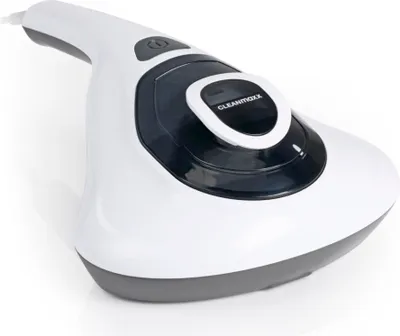 A white and gray handheld vacuum cleaner with a black accent on a white background.