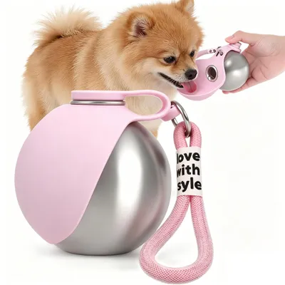 Produktbild von Tragbare Hundetrinkflasche 285ml Edelstahl 304 mit faltbarem Silikon Napf, auslaufsicher, Reise Trinkflasche für Hunde Katzen Rosa
