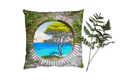 Produktbild von MuchoWow® Zierkissen Sofakissen Wohnzimmer Dekokissen 40x40 cm Meer - Baum - Tropisch - Ausblick - Foto Kissen - Schlafzimmer Dekoration