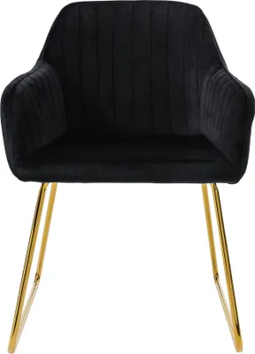 A black velvet dining chair with gold legs is shown against a white background.