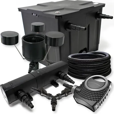 Immagine prodotto di Set completo SunSun: filtro per laghetto CBF-350 fino a 12000 L, pompa per laghetto CTF-8000 8000l/h 70W, chiarificatore per laghetto CUV-224 24W, tubo per laghetto 25m 25 mm, schiumatoio CSP-250 2500l/h 45W, distributore a Y