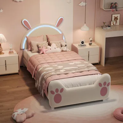 Immagine prodotto di UnboxG Lettino 90x200 cm con motivo coniglietto, luce di lettura a LED sulla testiera, letto imbottito Cartoon Softbett per cameretta dei bambini