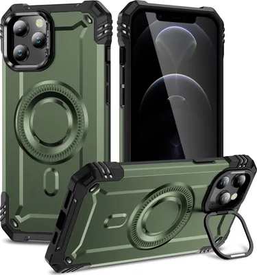 Obrázek produktu pro Magnetické pouzdro pro iPhone 12 Pro Max, robustní vojenské ochranné pouzdro s kamerovým kroužkem stojánkem Zelený
