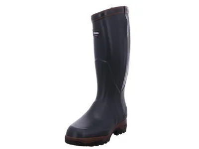 A single dark blue boot with a brown sole and trim, shown against a white background.