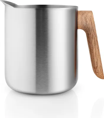 A studio shot of a stainless steel teapot with a wooden handle.