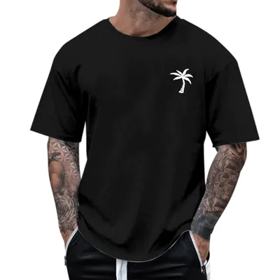Produktbild von ASKSA Herren Tshirt Sommer Oversize T-Shirts Rundhals Kurzarm T Shirt mit Kokosnussbaum Drucken Basic Shirts (Schwarz,S)