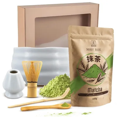 Produktbild von Mary Rose - Matcha Tee Geschenkset Pulver 100g - Weiß Keramik Matchawan Schale Yuki 500ml - Mit Bambus Chasen Besen, Kusenaoshi Halter