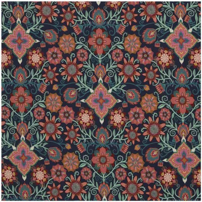 Tropical Flowers Sommersweat von Swafing in Dunkelblau, Design Bienvenido Colorido, mit symmetrischen Blumenornamenten in Pink, Koralle und Mintgrün.