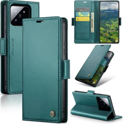 Image de Xiaomi 14 Case, RFID Blocking Card, Advanced Flip Leather Case with Stand Function for Xiaomi 14 Green