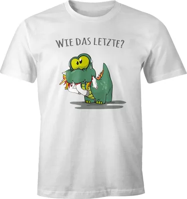 Produktbild von Herren T-Shirt Fun Motiv kleiner Dino frisst Einhorn Spruch "Wie das Letzte?" Fun-Shirt lustig Moonworks® weiß XXL