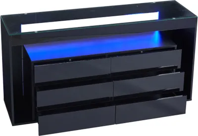 A black sideboard with six drawers and blue LED lighting, shown from a front-diagonal angle against a white background.