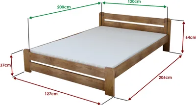 A wooden bed frame with dimensions indicated by measurement lines and text.