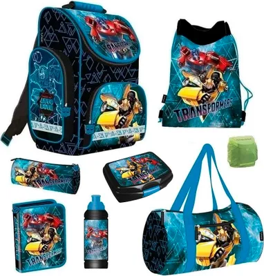 Produktbild von Transformers Schulranzen Set 8tlg. mit Federmappe Dose Flasche Sporttasche Bumblebee & Optimus Prime