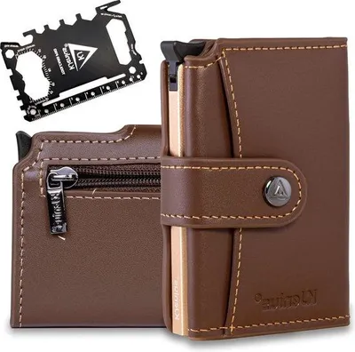 Produktbild von Famanu Kartenhalter Minimalistisch & Multitool - 46 Werkzeuge in 1 - RFID Slim Wallet - Herren Leder Geldbörse mit Geschenkbox