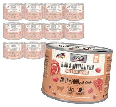 Produktbild von MAC's 12x200g getreidefreies Nassfutter für Katzen mit Rind- und Geflügelherzen