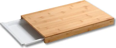 A bamboo cutting board with a white drawer pulled out, shown on a white background.